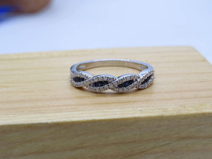 round Blue Sapphire & White Diamond Crisscross Stackable Wedding Band for Women