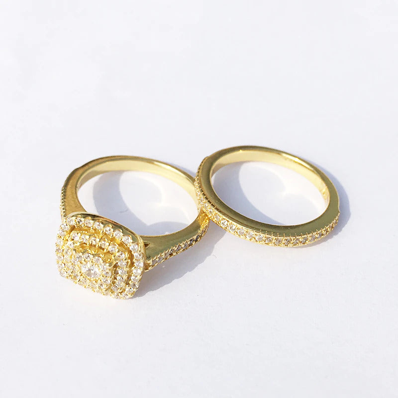 2Pcs Engagement Rings for Women Original 925 Sterling Silver Ring Set 14K Gold