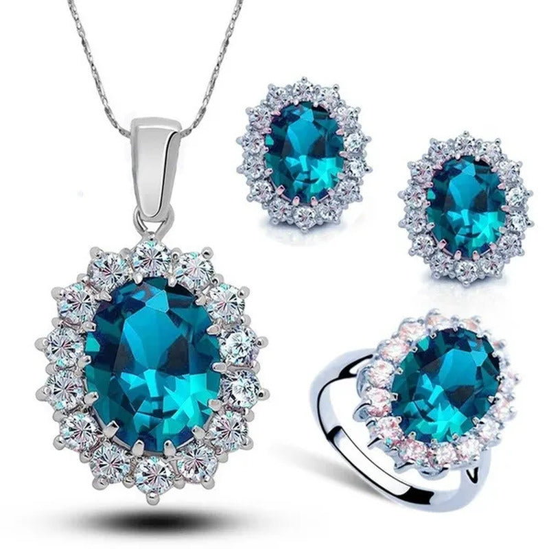 Fashion Natural 925 Silver Sapphire Ring Earring Necklace Set Ladies High-End Cr