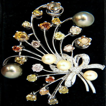 6.00Ct NATURAL FANCY COLOR YELLOW ORANGE BROWN PINK DIAMOND BROOCH &PEARL