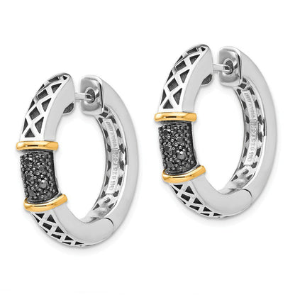 Solid 925 Sterling Silver 14K Yellow Gold Vintage Antiqued Black Diamond Hinged