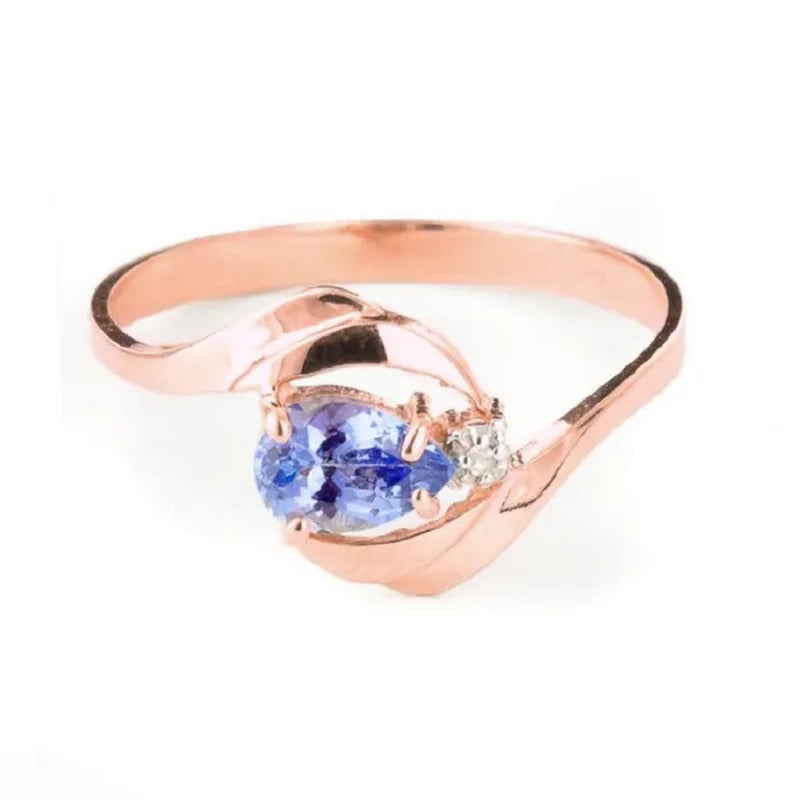 14K Solid Rose Gold Ring with Natural Diamond and Pear-Shaped Tanzanite