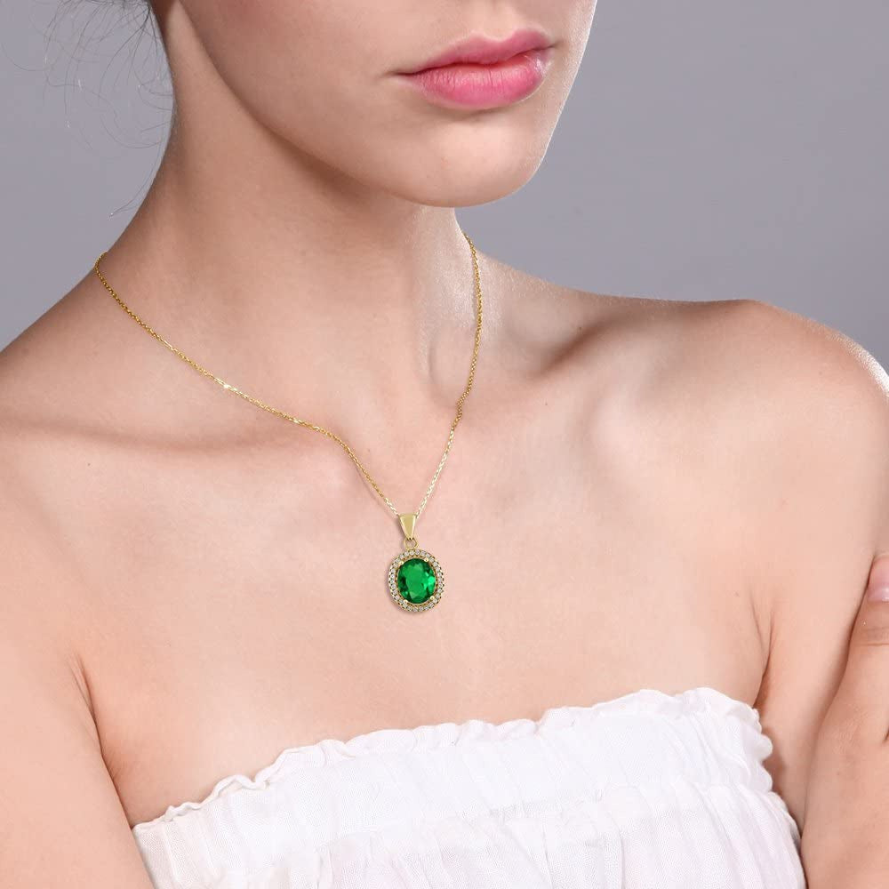18K Yellow Gold Plated Silver Green Simulated Emerald Pendant Necklace for Women