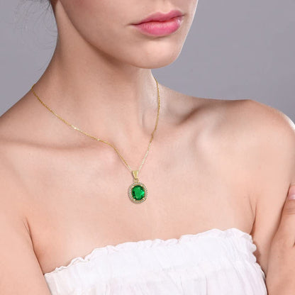 18K Yellow Gold Plated Silver Green Simulated Emerald Pendant Necklace for Women