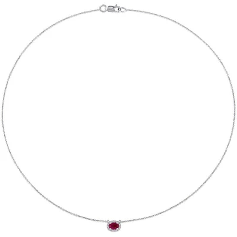 Ruby and 0.08 CT. T.W. Diamond Oval Halo Necklace in 14K White Gold