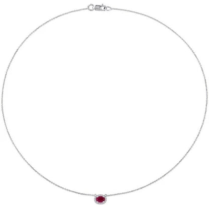 Ruby and 0.08 CT. T.W. Diamond Oval Halo Necklace in 14K White Gold