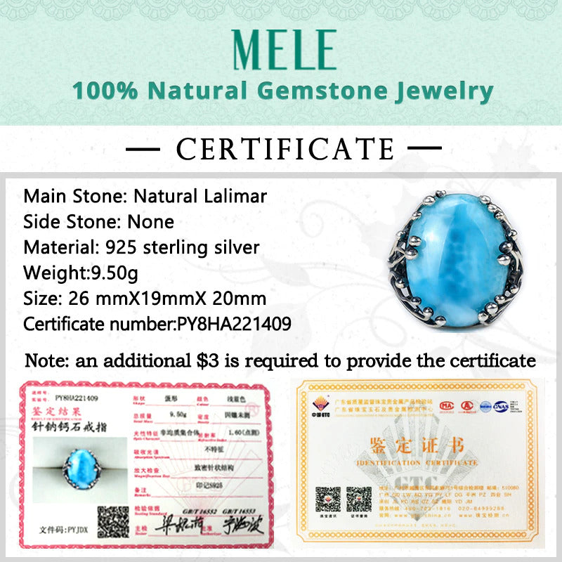 Natural Larimar 925 Silver Rings for Women Blue Larimar Gemstone Man Big Rings F