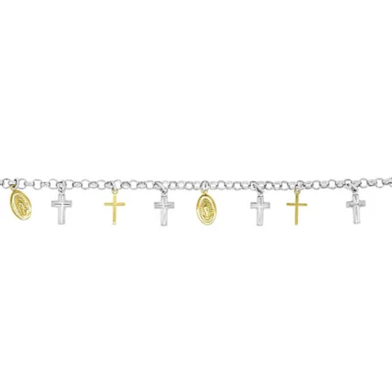 14K Gold and Sterling Silver Multi Religious Charm Bracelet, 7.5"