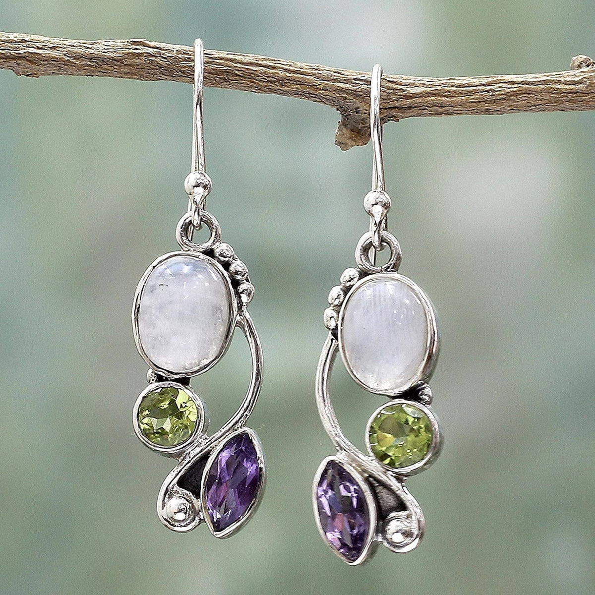Peridot Amethyst Rainbow Moonstone .925 Sterling Silver Dangle Earrings, Natural