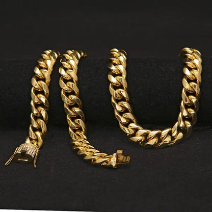 24K Gold 316L Stainless Steel Miami Cuban Link Chain with Heavy Duty Diamond Cla
