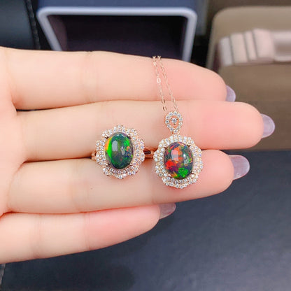 Natural Colorful Black Opal Set Ring Pendant Crystal Clean Color