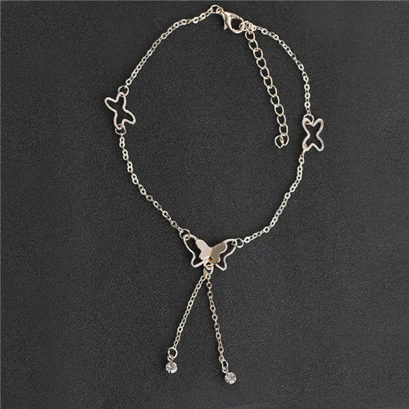 Women Beach Anklet Hollow Butterfly Double Drill Tassel Rose Bracelet Ankle Chai