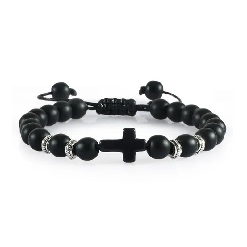 Handmade Natural Stone Wooden Beaded Bracelet Christian Jesus Cross Braided Brac