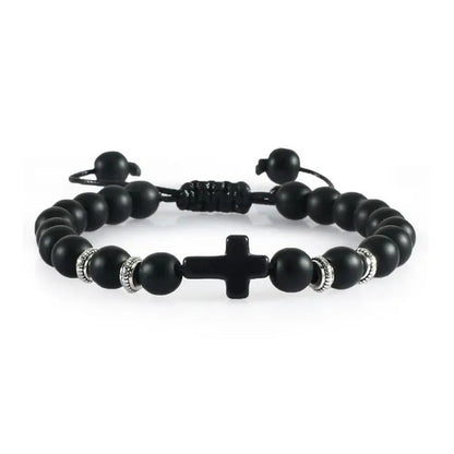 Handmade Natural Stone Wooden Beaded Bracelet Christian Jesus Cross Braided Brac