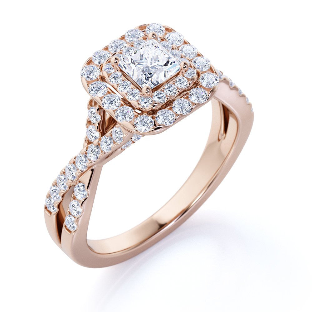 Elegant 1 Carat - Square Cut Diamond - Twisted Band - Pave - Double Halo Engagem