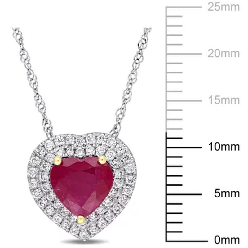 Allura Ruby and 0.22 CT. Diamond Double Halo Heart Pendant in 14K White Gold