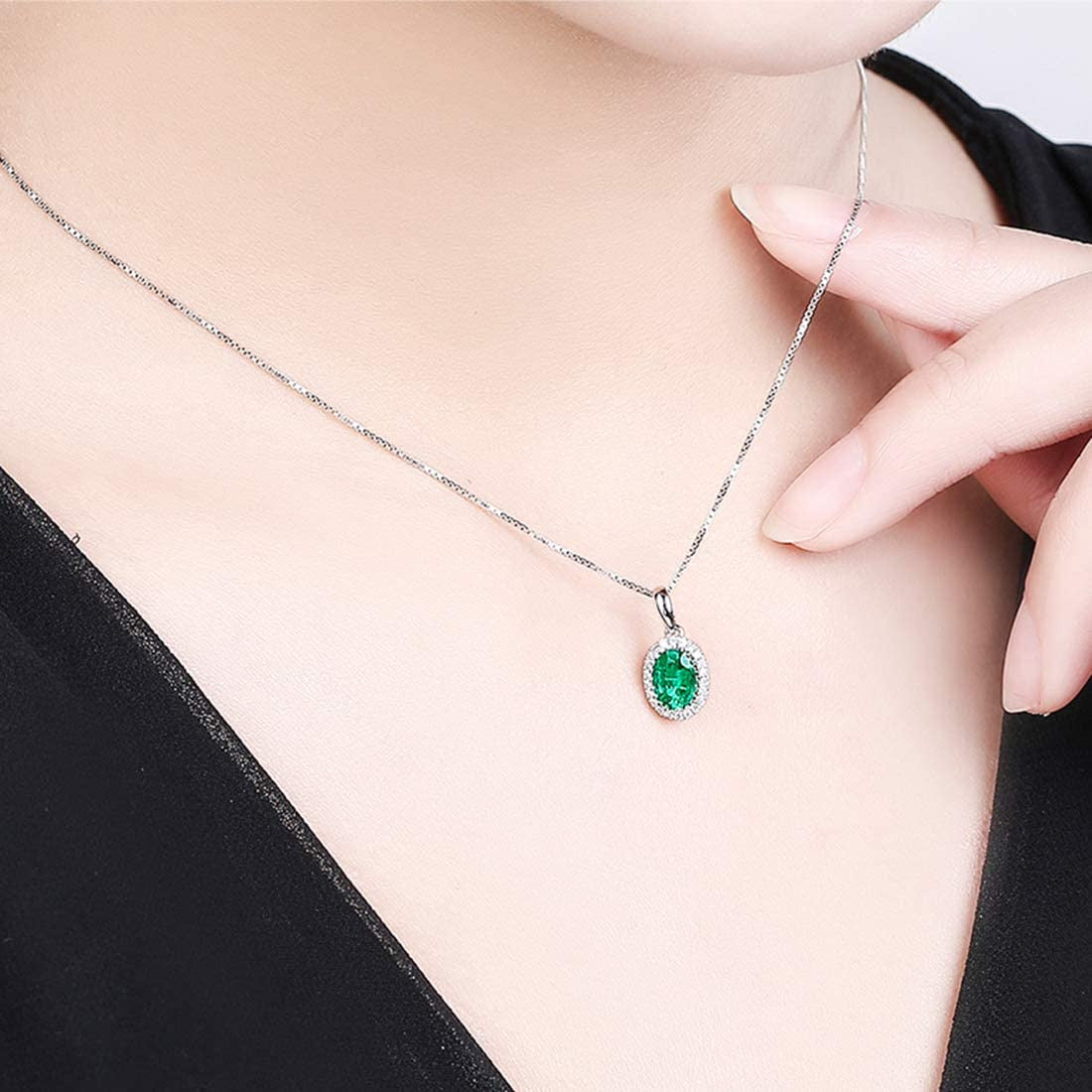 14K Solid White Gold 0.46Ct Natural Green Emerald Necklace, Small Halo May Birth