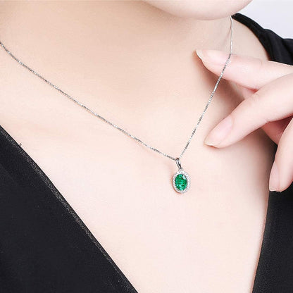 14K Solid White Gold 0.46Ct Natural Green Emerald Necklace, Small Halo May Birth