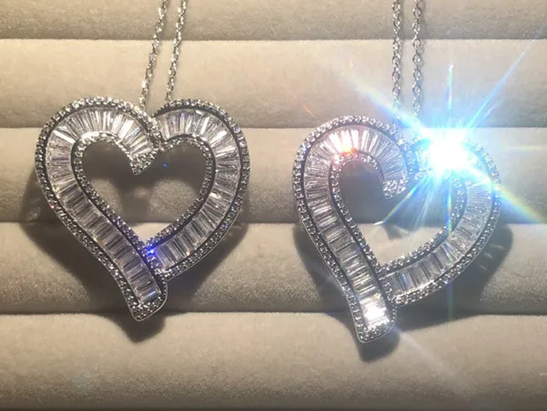 Luxury Silver White Topaz Heart Pendant Chain Necklace Women Sparkling Princess-