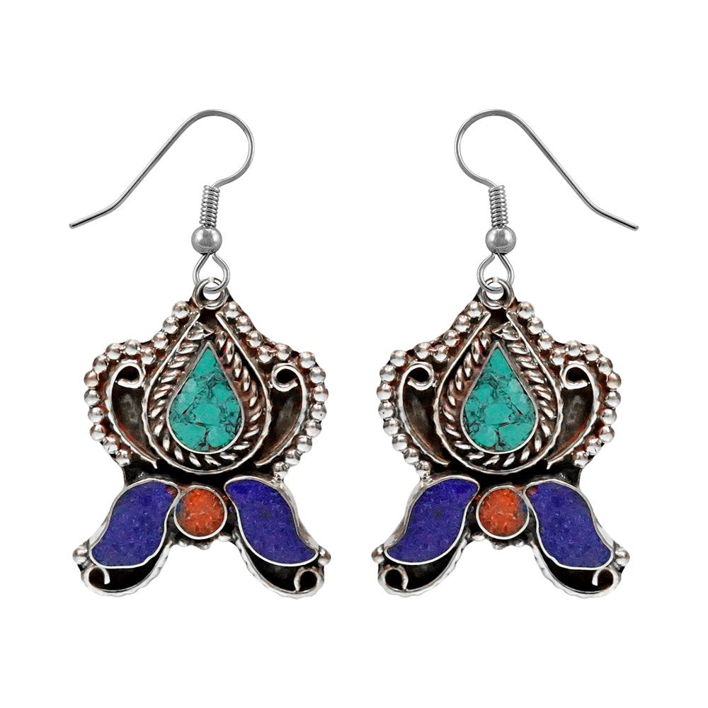 Drop Earring for Women Teens Compressed Turquoise Lapis Lazuli & Coral Inlay Bea