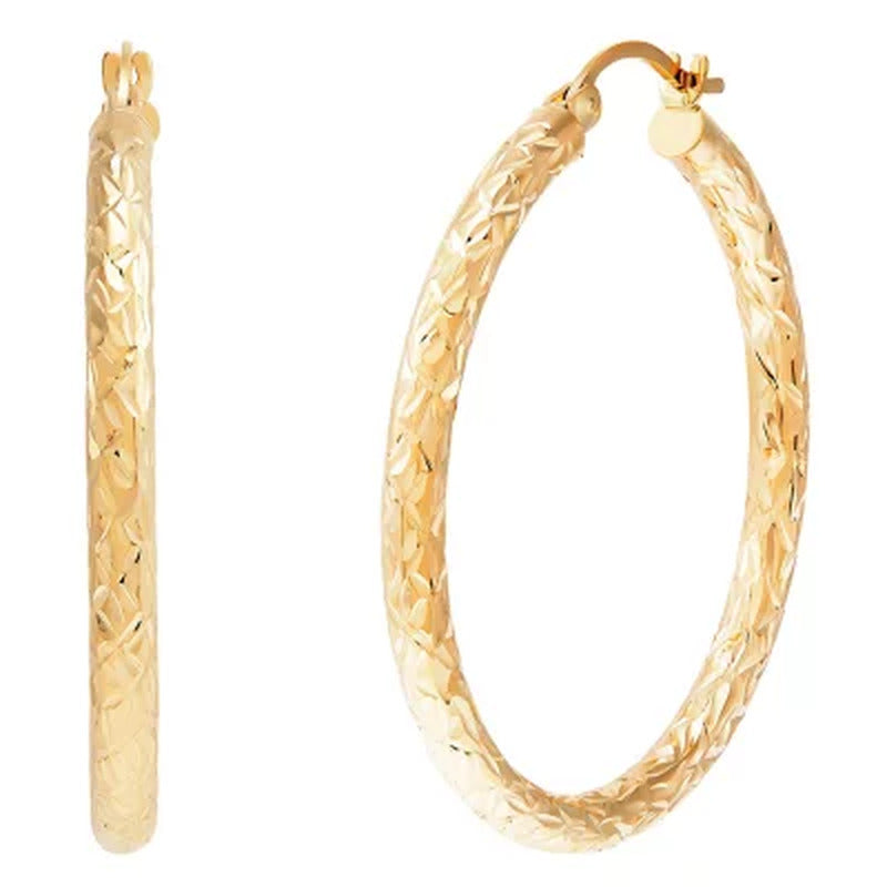 3X35Mm round Tube Hoop Crystal Cut Earrings in 14K Yellow Gold