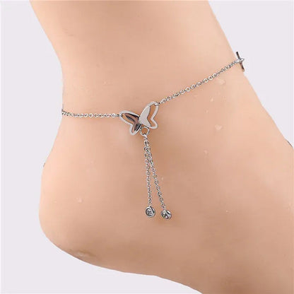 Women Beach Anklet Hollow Butterfly Double Drill Tassel Rose Bracelet Ankle Chai