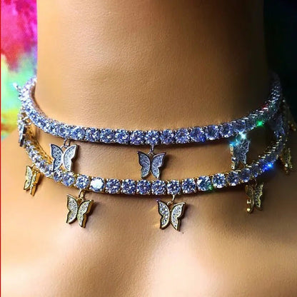 YUNSEABUY Little Butterfly Pendant Full Diamond Choker Necklace for Women Girls