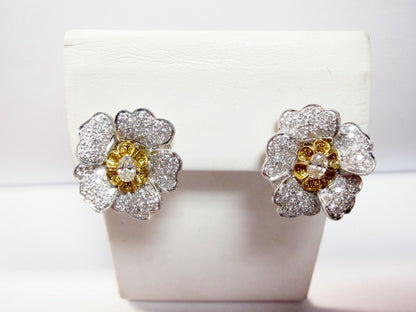 DIAMOND EARRING CENTER SET OVAL SHAPE DIAMOND SET FANCY INTENSE YELLOW ROUND 18K