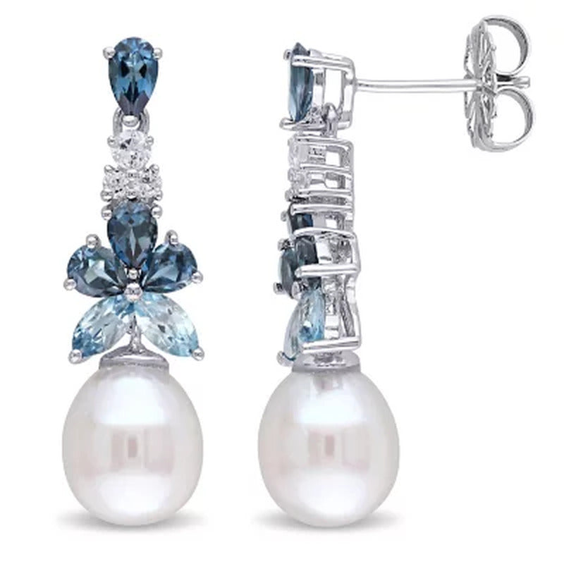 8.5 - 9 MM White Freshwater Cultured Pearl, London-Blue Topaz, Sky-Blue Topaz an
