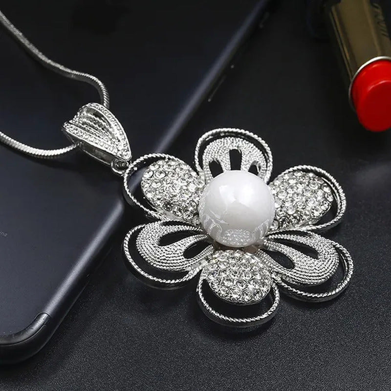 Fashion All-Match Dress Diamond Large Flower Highlight Pearl Sweater Chain Long