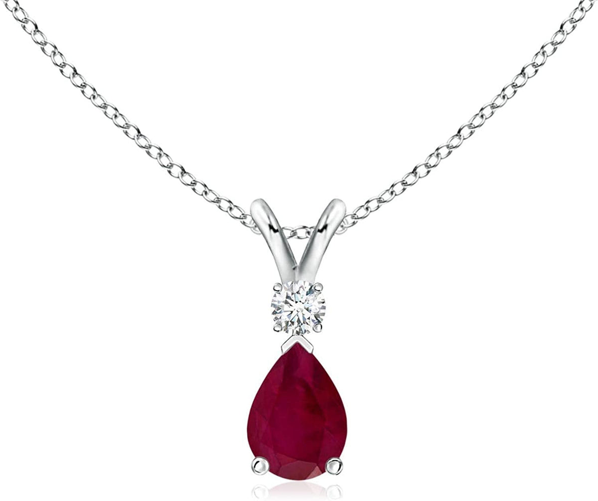 Natural Ruby Teardrop Pendant Necklace with Diamond for Women, Girls in Sterling