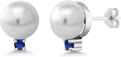 925 Sterling Silver 9MM Cultured Freshwater Pearl and round Blue Created Sapphir