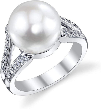 11-12Mm Genuine White Freshwater Cultured Pearl & Cubic Zirconia Khloe Ring for