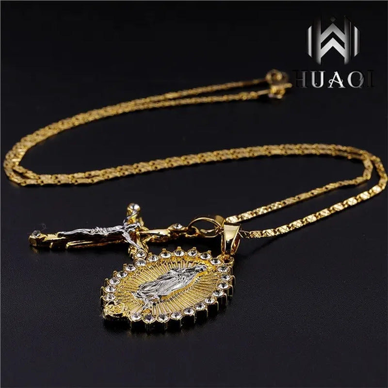 New Fashion18K Gold Plated Setting CZ Diamond Virgin Mary Necklace + Cross Neckl
