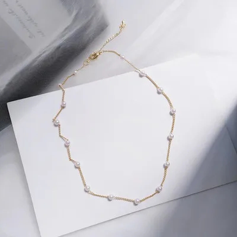 New Beads Women'S Neck Chain Simulation Pearl Necklace Gold Color Goth Chocker J