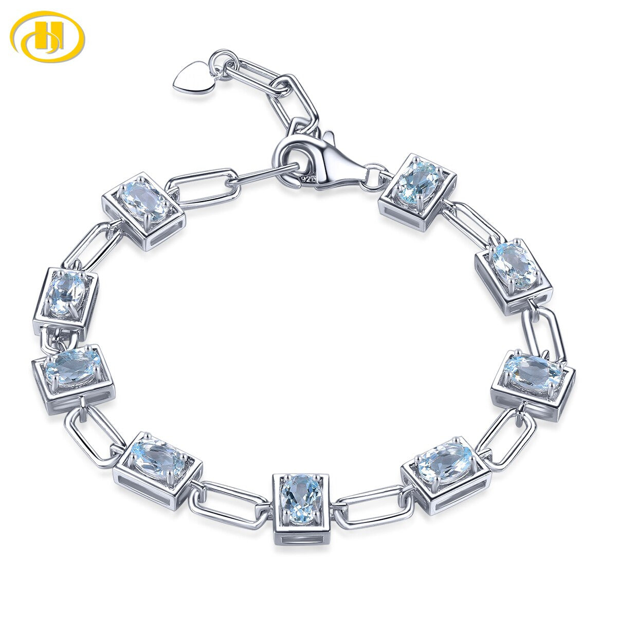 Genuine Aquamarine Solid Silver Bracelet S925 Natural Light Blue Gemstone