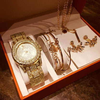 Fashion Creative Diamond Full Diamond round Watch Leaf Bracelet Set Earrings Nec