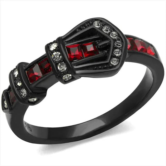 Black Stainless Steel Ruby Red Crystal Belt Buckle Fashion Ring Women'S Size 5-1