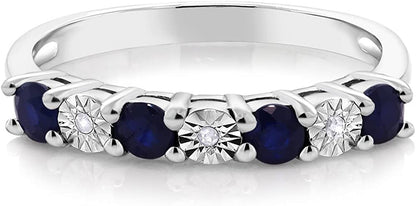 925 Sterling Silver round Diffused Blue Sapphire and White Diamond Women'S Engag