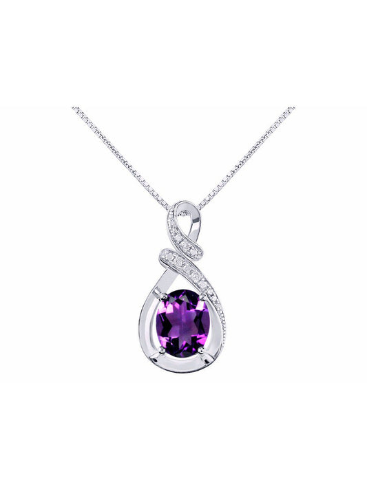 Diamond & Amethyst Pendant Necklace in 14K White Gold with 18" Gold Chain - Febr