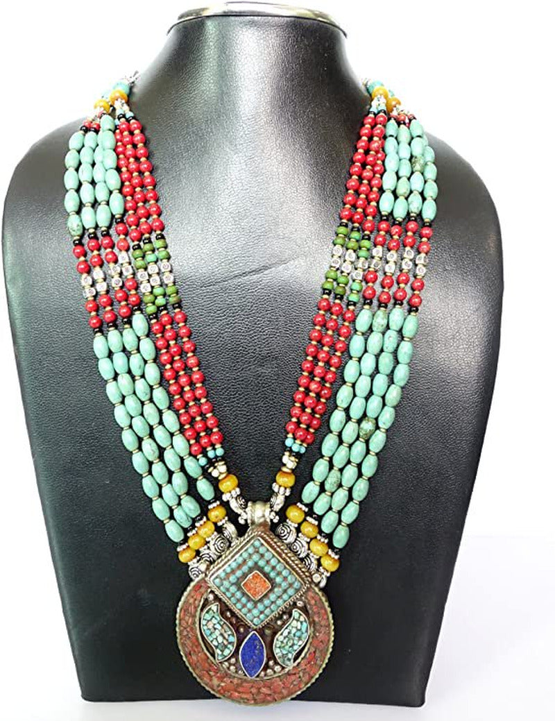 Tibetan Multi Strand Handmade Necklace Turquoise Coral Amber Lapis Lazuli Gemsto