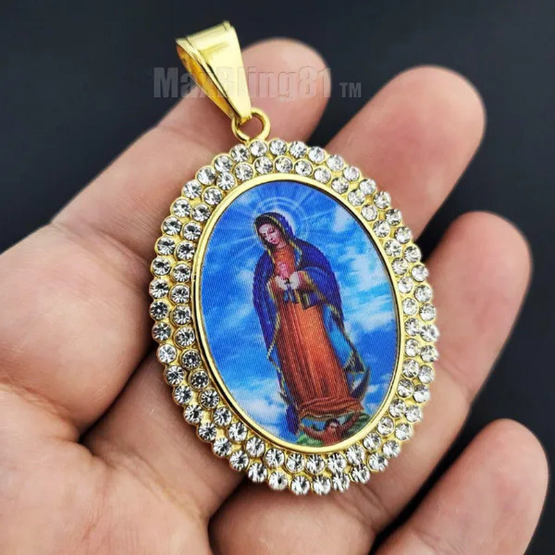 Stainless Steel Simulated Diamond Icy Gold Plated Mother of Mary Oval Pendant