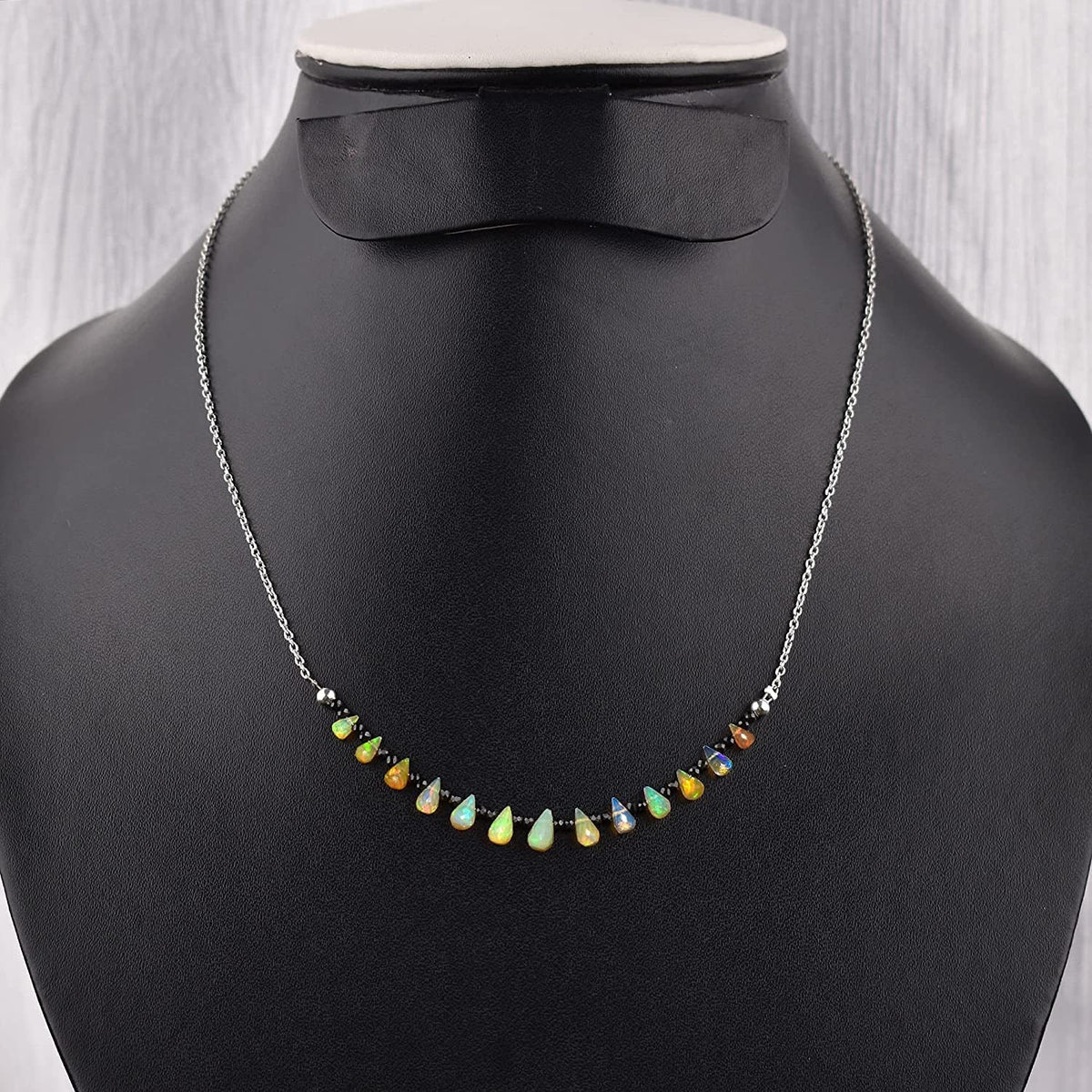 ® Ultra Premium Natural Welo Opal Drops & Black Spinel Gemstone Beads Dainty Nec