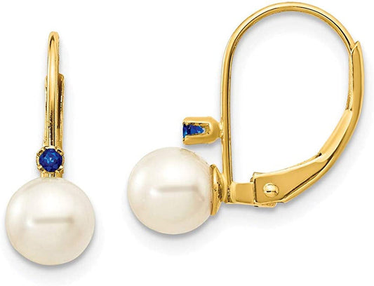 14K Yellow Gold White round Freshwater Cultured Pearl Sapphire Leverback Earring
