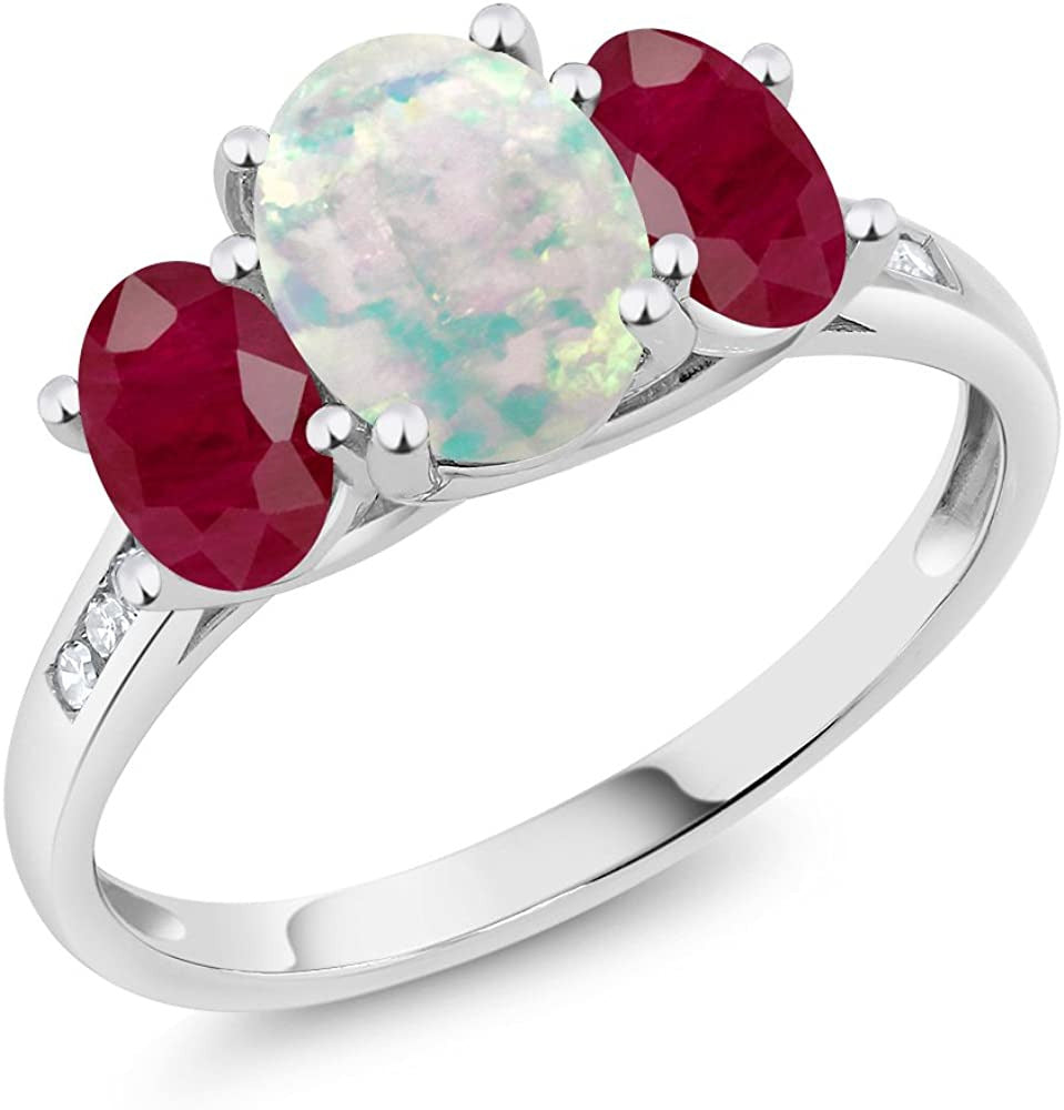 10K White Gold Diamond Accent Oval Cabochon White Simulated Opal Red Ruby 3-Ston