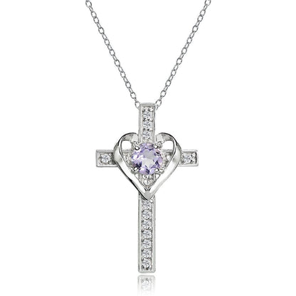 Sterling Silver Amethyst and White Topaz Heart Cross Birthstone Pendant Necklace