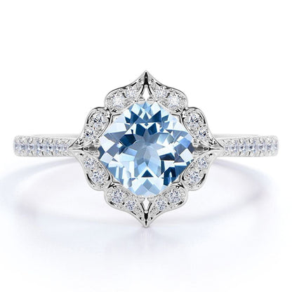 Antique Design 1.25 Carat Princess Cut Created Aquamarine and Diamond Engagement