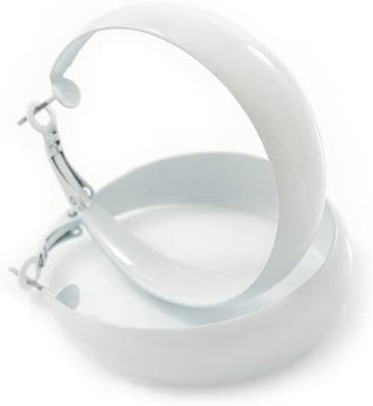 Wide Medium White Enamel Hoop Earrings - 40Mm Diameter
