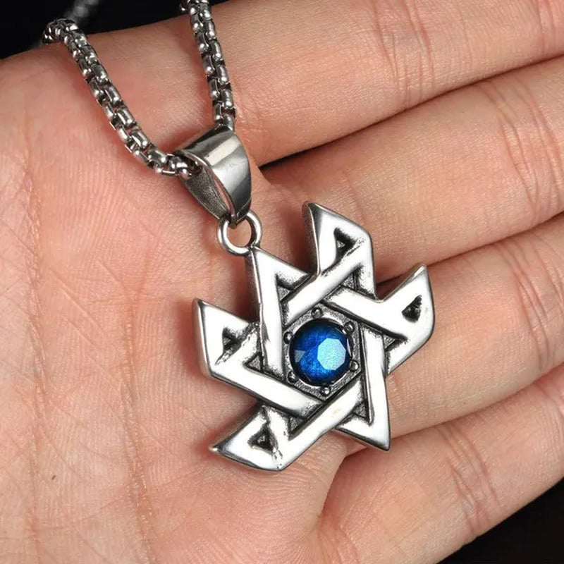 Stainless Steel Retro Six-Pointed Star Blue Ruby Pendant Titanium Steel Men'S