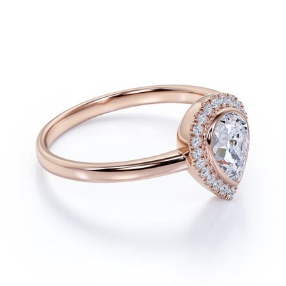 Bezel Set Halo Pear Shaped Diamond Solitaire Wedding Ring in 10K Rose Gold